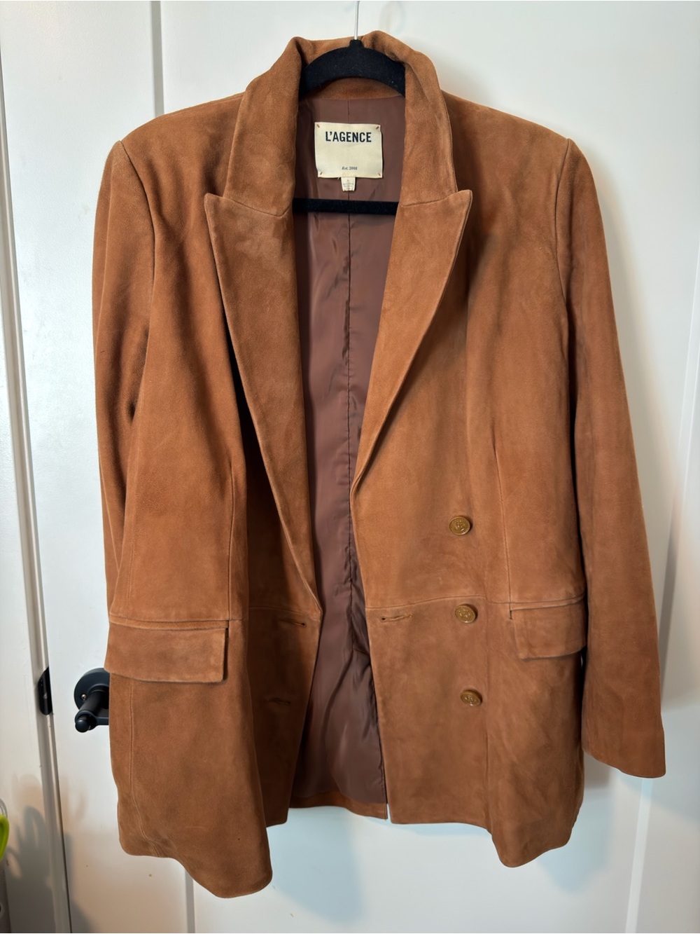 L'AGENCE Aimee Relaxed Fit Double Breasted Women's Suede Blazer Jacket in Cognac